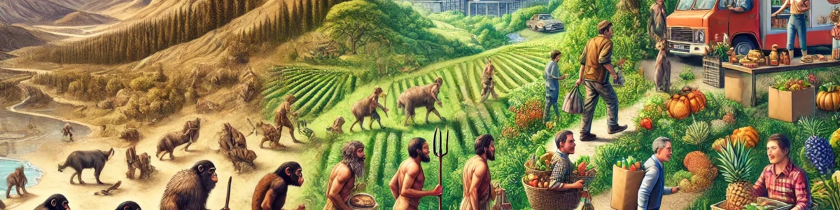 DALL·E 2024-10-21 23.06.40 - A detailed image representing the evolution of the human diet. On one side, early humans are seen foraging, gathering berries, and hunting animals wit