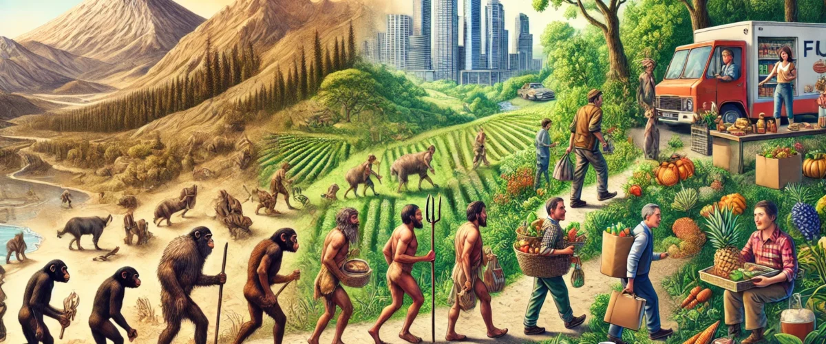 DALL·E 2024-10-21 23.06.40 - A detailed image representing the evolution of the human diet. On one side, early humans are seen foraging, gathering berries, and hunting animals wit