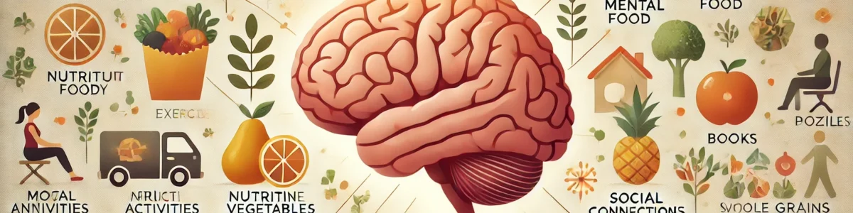 DALL·E 2024-10-27 21.05.26 - A landscape-oriented illustration on Alzheimer's prevention through a healthy lifestyle. The image features a human brain on the left side, surrounded