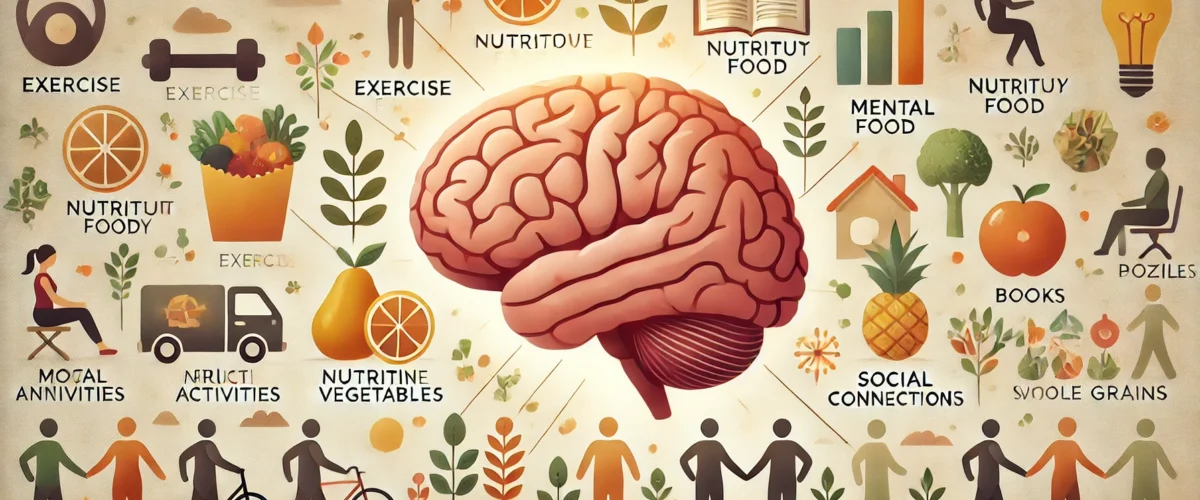 DALL·E 2024-10-27 21.05.26 - A landscape-oriented illustration on Alzheimer's prevention through a healthy lifestyle. The image features a human brain on the left side, surrounded